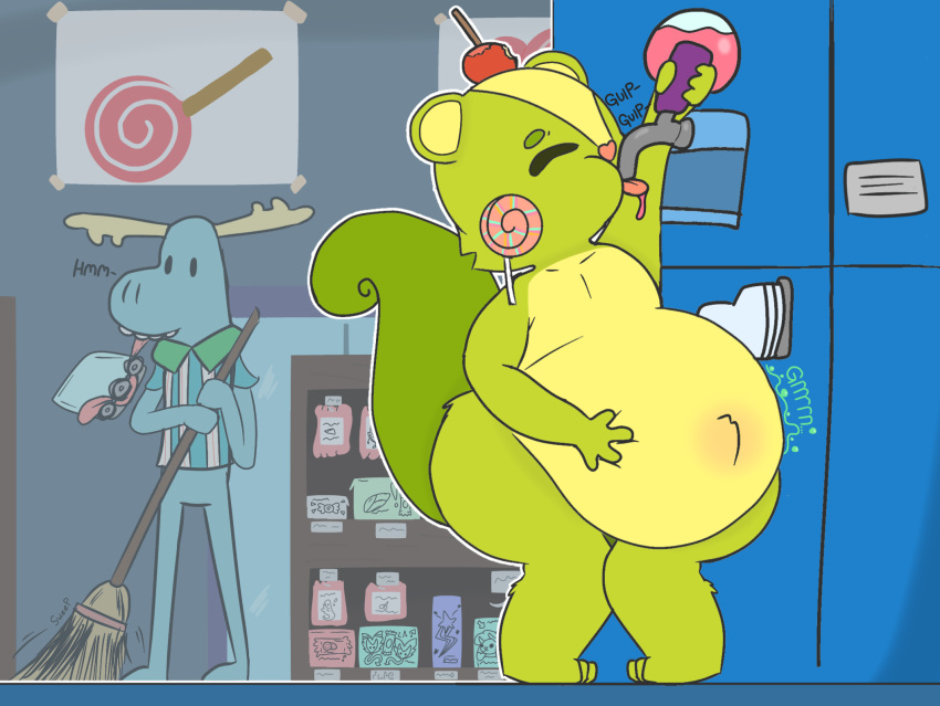 anthro belly big_belly broom candy capreoline cervid cleaning_tool clothing colored dessert digital_media_(artwork) food fur green_body hair happy_tree_friends hi_res humor lumpy_(htf) male mammal moose nutty_(htf) phant0mhat rodent sciurid solo store text