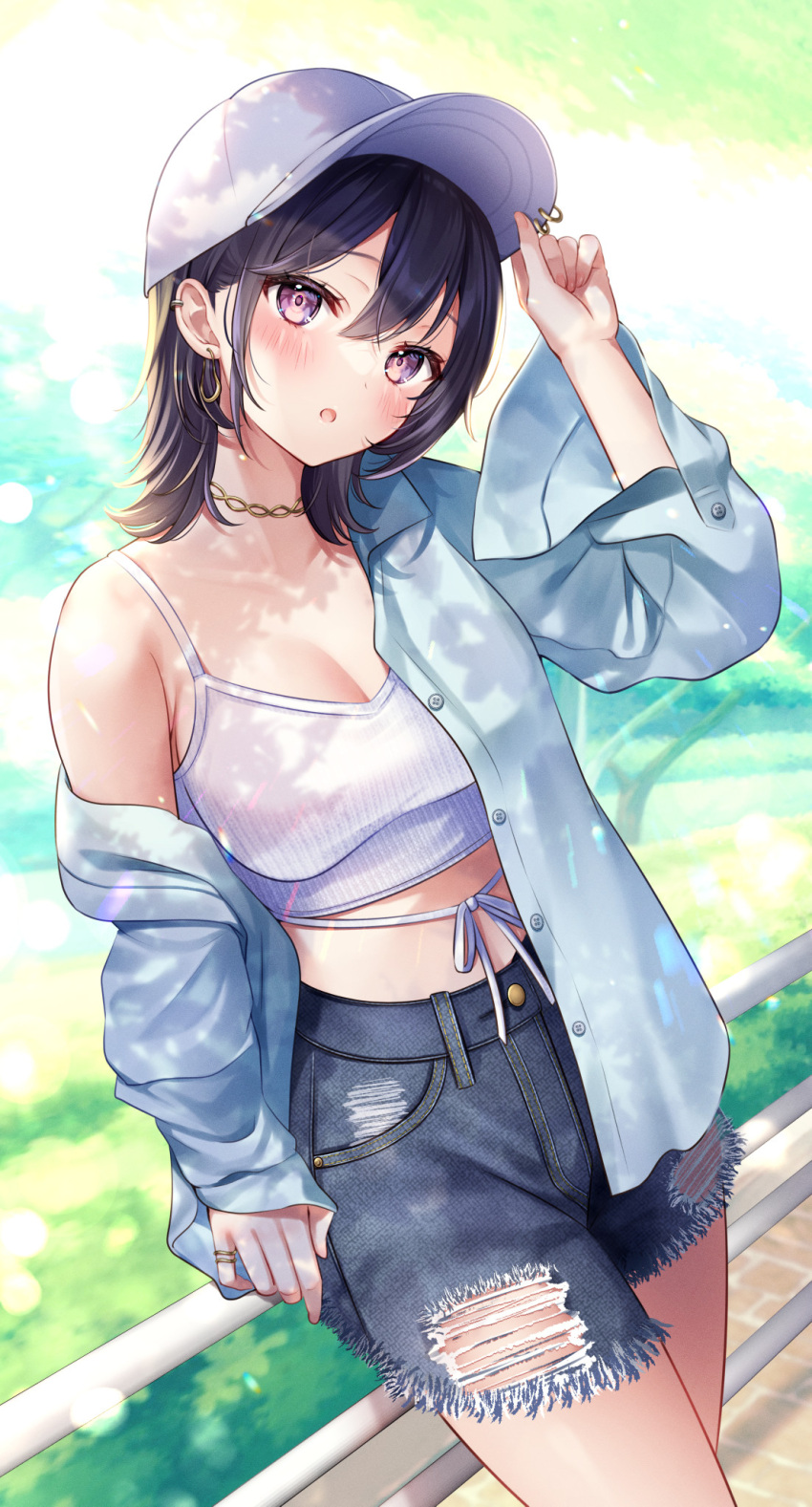 1girl :o arm_up bare_shoulders baseball_cap black_hair blue_jacket blue_shorts breasts camisole cleavage collar cowboy_shot crop_top cutoffs denim denim_shorts ear_piercing earrings hand_on_headwear hat highres jacket jewelry long_hair long_sleeves looking_at_viewer medium_breasts midriff off_shoulder open_clothes open_jacket open_mouth original piercing purple_eyes ribbed_shirt ring shirt short_shorts shorts sleeveless sleeveless_shirt solo spaghetti_strap white_headwear white_shirt yugirlpict