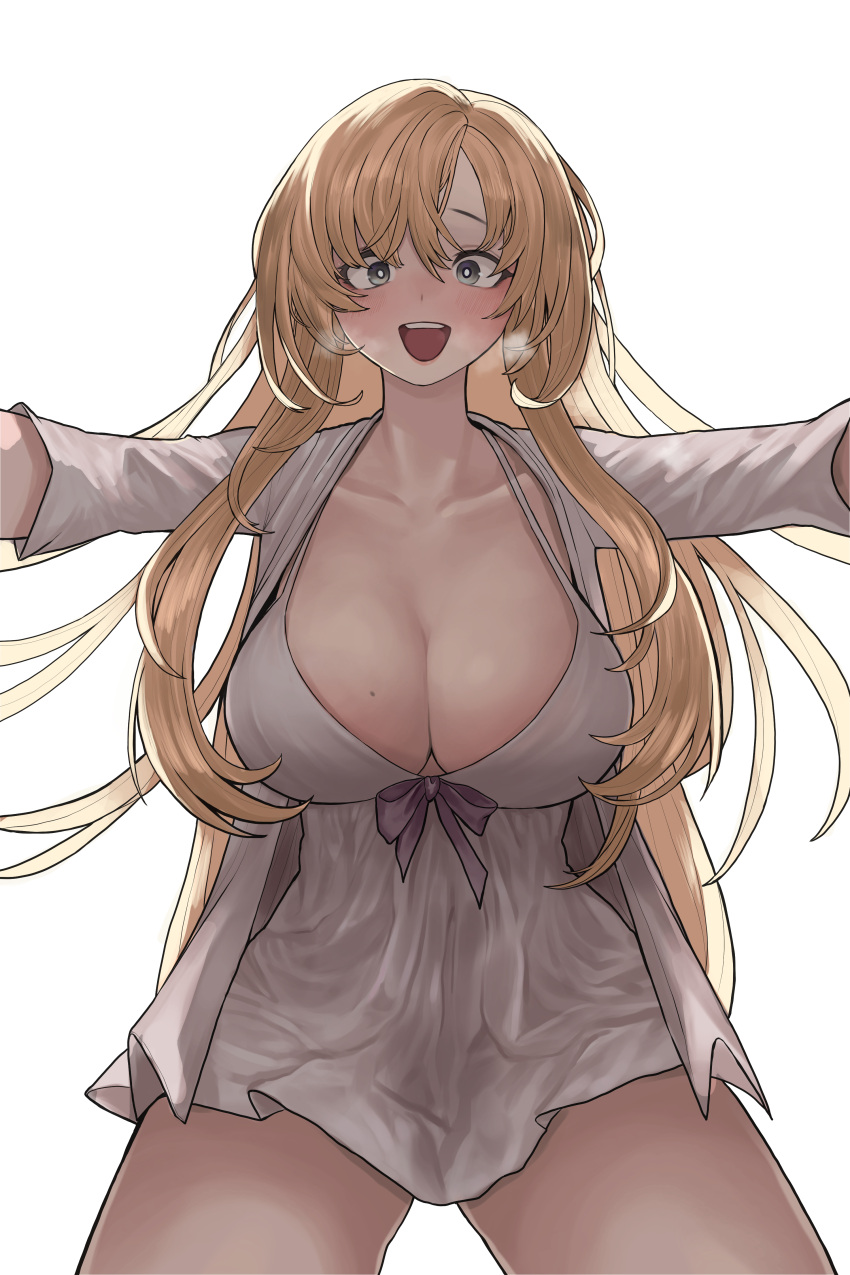 1girl absurdres bangs bare_legs blonde_hair blush breasts breath chroong cleavage collarbone commentary_request cowboy_shot dress gown grey_eyes highres huge_breasts korean_commentary long_hair long_sleeves mole mole_on_breast original outstretched_arms purple_ribbon reaching_out ribbon sanpaku shirt simple_background smile solo steam swept_bangs teeth upper_teeth very_long_hair white_background white_dress white_shirt