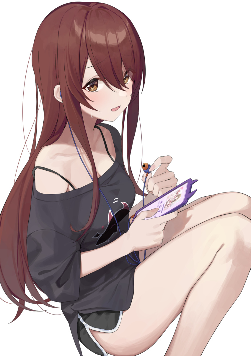 1girl bangs black_shorts blush breasts brown_eyes brown_hair cellphone cleavage commentary_request dolphin_shorts earphones embarrassed eyebrows_visible_through_hair feet_out_of_frame hair_between_eyes hair_over_one_eye highres holding holding_earphones holding_phone idolmaster idolmaster_shiny_colors knees_up legs long_hair looking_at_viewer medium_breasts off-shoulder_shirt off_shoulder open_mouth osaki_tenka oversized_clothes oversized_shirt phone print_shirt shiny shiny_hair shirt short_shorts shorts sidelocks simple_background sitting smartphone solo strap_slip sweatdrop swept_bangs syhan thighs white_background