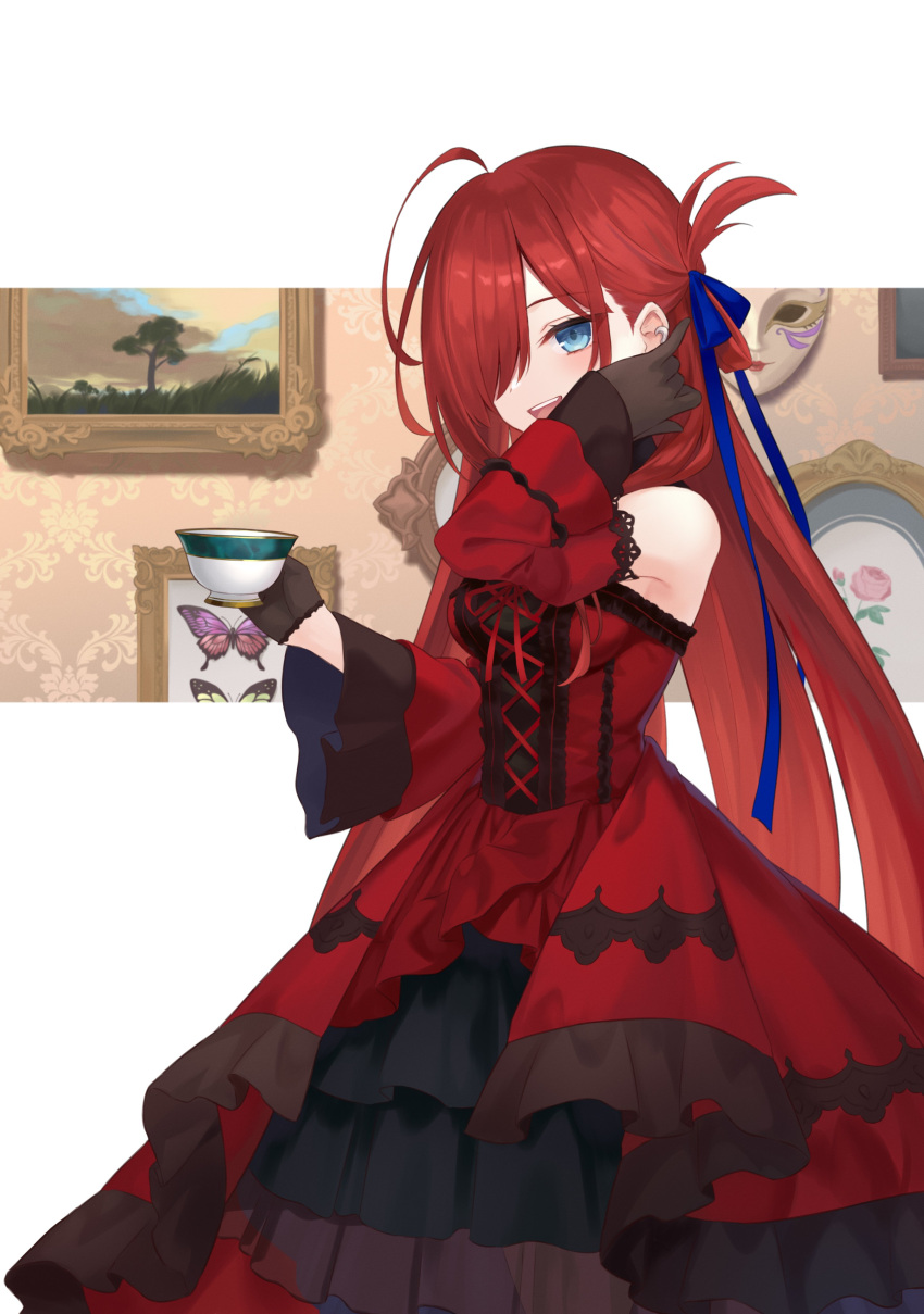 1girl absurdres apple azuuru bag bangs black_dress black_gloves black_hair black_jacket blue_eyes bread closed_mouth cover cover_image cover_page cup dress flower food fruit gloves hair_over_one_eye hand_on_own_neck highres holding holding_cup inori_no_kuni_no_riviere jacket jewelry lemon light_blush long_dress long_hair long_sleeves looking_at_viewer novel_cover novel_illustration official_art open_clothes open_jacket open_mouth red_hair riviere_(inori_no_kuni_no_riviere) shiny shiny_hair shirt short_hair simple_background sleeves_rolled_up smile tea teacup textless very_long_hair white_shirt