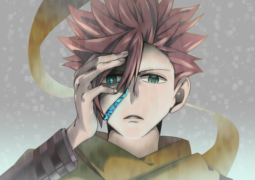 1boy achrocide blue_eyes green_eyes grey_background hair_between_eyes hand_up heterochromia id_:invaded looking_at_viewer male_focus red_hair scarf solo spiked_hair yellow_scarf