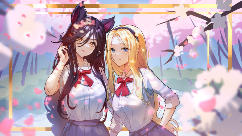 2girls ahri_(league_of_legends) alternate_costume bangs black_hair black_hairband blue_eyes blush bow bowtie breasts brown_eyes brown_hair chibi_vanille closed_mouth collared_shirt hair_between_eyes hairband hand_up highres large_breasts league_of_legends long_hair long_sleeves lux_(league_of_legends) multiple_girls open_mouth parted_bangs petals pleated_skirt purple_skirt red_bow red_bowtie school_uniform shirt short_sleeves skirt smile white_shirt