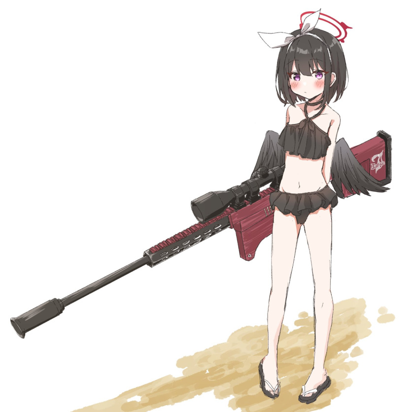1girl anti-materiel_rifle arms_behind_back black_hair blue_archive collarbone commentary_request full_body gun highres kaki0krnt looking_at_viewer mashiro_(blue_archive) navel purple_eyes rifle sandals scope sniper_rifle solo swimsuit weapon wings