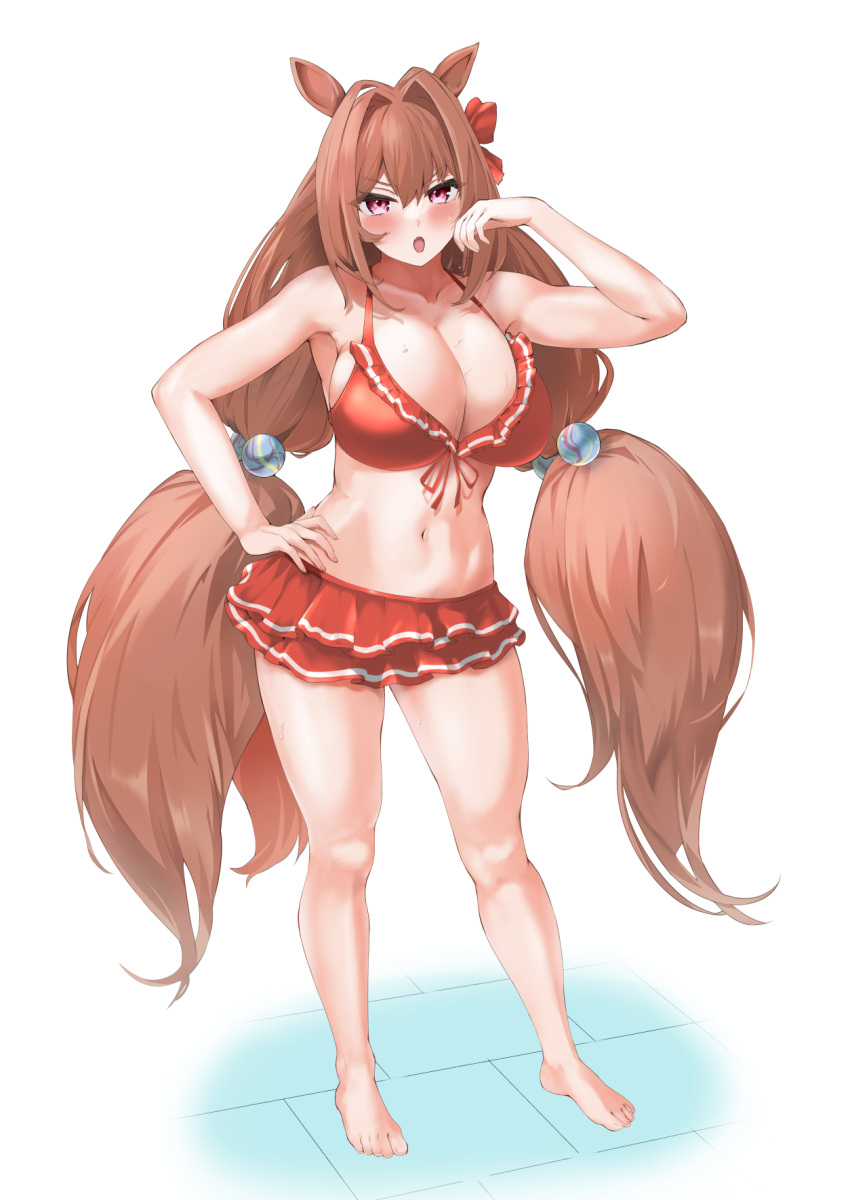 1girl :o animal_ears bangs barefoot bikini blush breasts brown_hair cleavage collarbone commentary commentary_request daiwa_scarlet_(umamusume) full_body hair_intakes hair_ornament hand_on_hip hand_up highres horse_ears horse_girl horse_tail large_breasts long_hair looking_at_viewer navel open_mouth oza_osuwari purple_eyes red_bikini standing swimsuit tail thighs twintails umamusume white_background