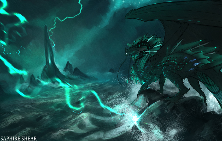 2022 absurd_res ambiguous_gender black_body black_scales claws detailed_background digital_media_(artwork) dragon feet feral green_body green_scales hi_res horn huge_filesize membrane_(anatomy) membranous_wings night outside saphireshear scales scalie solo spines toes western_dragon wings