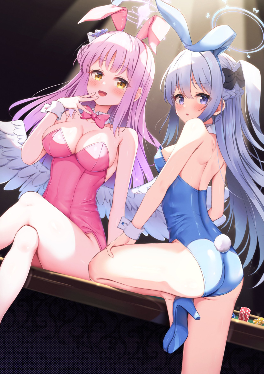 2girls angel_wings animal_ears ass back bare_arms bare_legs bare_shoulders blue_archive blue_footwear blue_leotard bow breasts cleavage commission crossed_legs fake_animal_ears fake_tail feathered_wings hair_bow hair_bun hairband halo hand_up high_heels highres large_breasts leotard light_rays medium_breasts mika_(blue_archive) miso_(misomiso_154) miyako_(blue_archive) multiple_girls one_side_up open_mouth pink_hair pink_leotard playboy_bunny purple_eyes rabbit_ears rabbit_tail shoes sitting skeb_commission smile strapless strapless_leotard tail thighs white_hair wings wrist_cuffs yellow_eyes