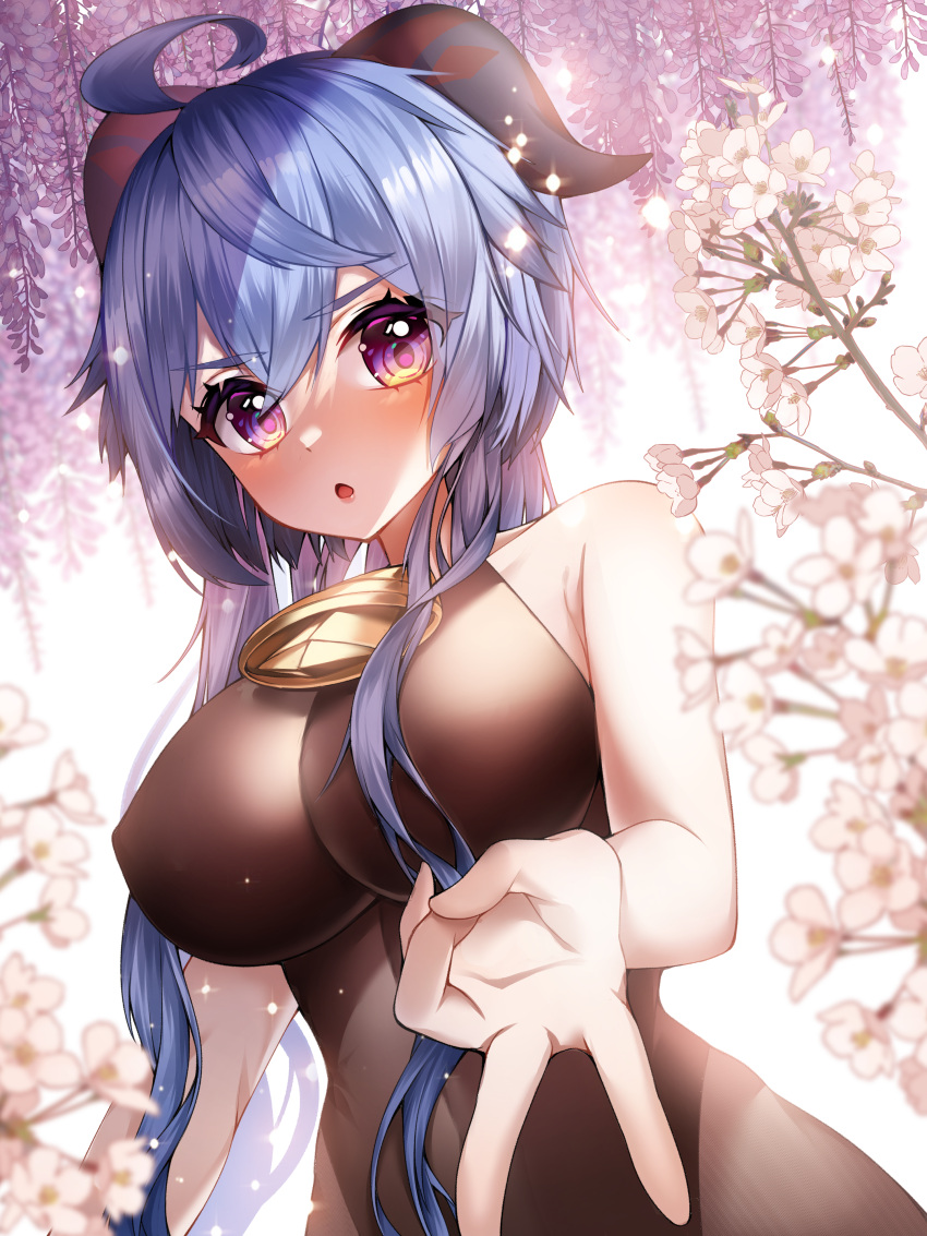 1girl :o absurdres ahoge bangs bare_arms bell black_leotard blue_hair blush bodystocking bodysuit breasts eyebrows_visible_through_hair flower ganyu_(genshin_impact) genshin_impact hando_2020 highres horns large_breasts leotard leotard_under_clothes long_hair looking_at_viewer neck_bell no_gloves nose_blush open_mouth pink_flower purple_eyes sidelocks sleeveless solo v white_flower