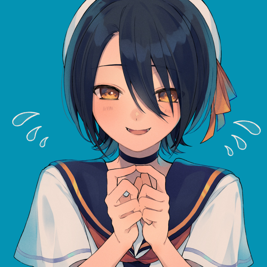 1girl :d black_choker blue_background blue_hair blue_sailor_collar blush brown_eyes chisumi choker fidgeting flying_sweatdrops hat highres looking_at_viewer neckerchief original own_hands_together red_neckerchief sailor_collar school_uniform serafuku shirt short_hair simple_background smile solo white_headwear white_shirt