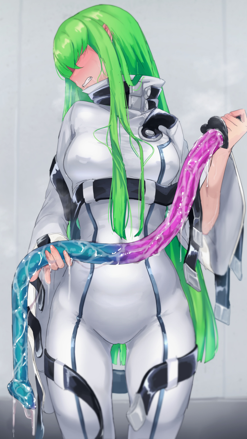 1girl belt blush c.c. cameltoe code_geass dildo faceless green_hair highres holding holding_dildo huge_dildo long_hair long_sleeves looking_away nipple_piercing piercing pussy_juice saliva saliva_trail sex_toy shirabe_shiki solo straitjacket sweat wet wet_hair