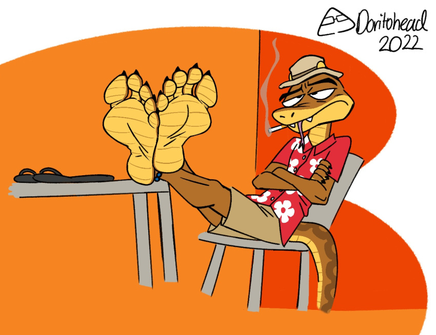 5_toes aloha_shirt anthro boonie_hat bottomwear claws clothing doritohead dreamworks feet feet_up foot_focus humanoid humanoid_feet male mr._snake_(the_bad_guys) pattern_clothing pattern_shirt pattern_topwear reptile scalie shirt shorts slim smoking_cigarette snake soles solo the_bad_guys toes topwear