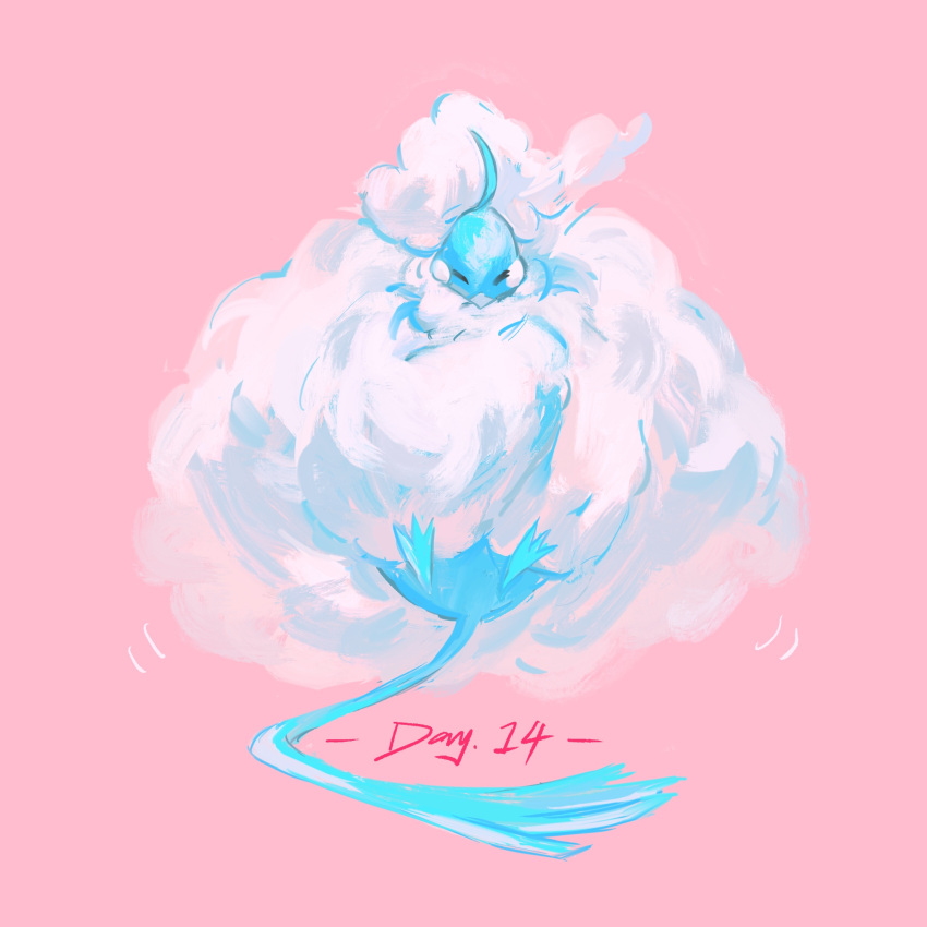 ahoge altaria animal_focus blush_stickers closed_eyes commentary english_commentary english_text fluffy full_body highres mega_altaria mega_pokemon motion_lines no_humans pink_background pokemon pokemon_(creature) simple_background solo straight-on yug_(pixiv_50208056)