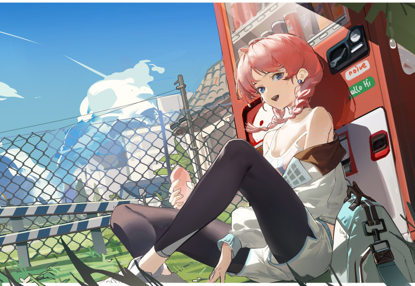 1girl :d absurdres against_object arknights bag bangs bare_shoulders black_legwear blue_eyes blue_poison_(arknights) blue_poison_(shoal_beat)_(arknights) braid breasts building chain-link_fence cleavage collarbone day duffel_bag earrings fence highres holding jacket jewelry leggings legwear_under_shorts long_hair long_sleeves looking_at_viewer official_alternate_costume on_ground open_clothes open_jacket open_mouth outdoors pink_hair pink_sports_bra short_shorts shorts sitting small_breasts smile solo sports_bra swept_bangs twin_braids vending_machine white_footwear white_jacket white_shorts yeyuanqianqianqian