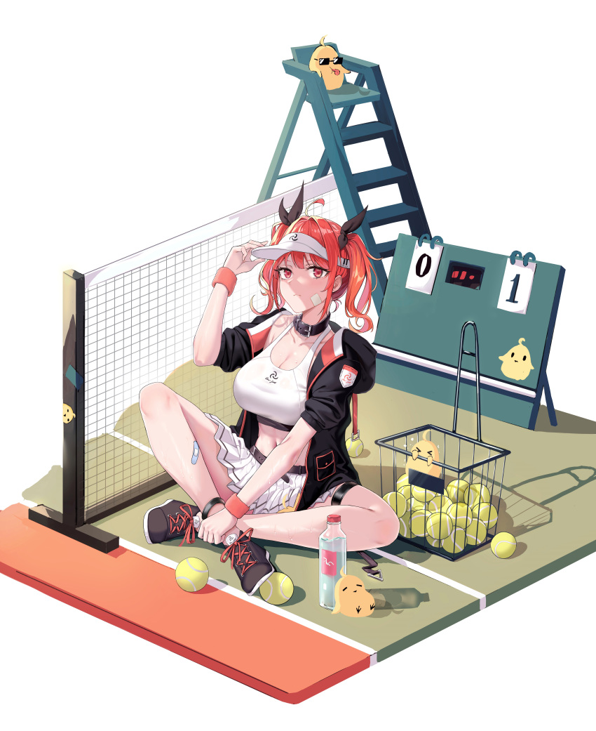 1girl absurdres adjusting_clothes adjusting_headwear ahoge alternate_costume azur_lane ball bandaid bandaid_on_face bandaid_on_leg bangs bare_shoulders basket black_collar black_footwear black_jacket black_ribbon bottle breasts chinese_commentary cleavage closed_mouth collar collarbone commentary_request eyebrows_visible_through_hair hair_between_eyes hair_ribbon hand_up highres honolulu_(azur_lane) hood hood_down hooded_jacket indian_style jacket large_breasts long_hair looking_at_viewer manjuu_(azur_lane) midriff miniskirt navel off_shoulder open_clothes open_jacket panana pleated_skirt racket red_eyes red_hair ribbon scoreboard shadow shoes sidelocks simple_background sitting skirt sleeves_rolled_up sneakers sports_bra sportswear tennis_ball tennis_court tennis_net tennis_racket tennis_uniform thigh_strap twintails visor_cap water_bottle white_background white_headwear white_skirt white_sports_bra wristband