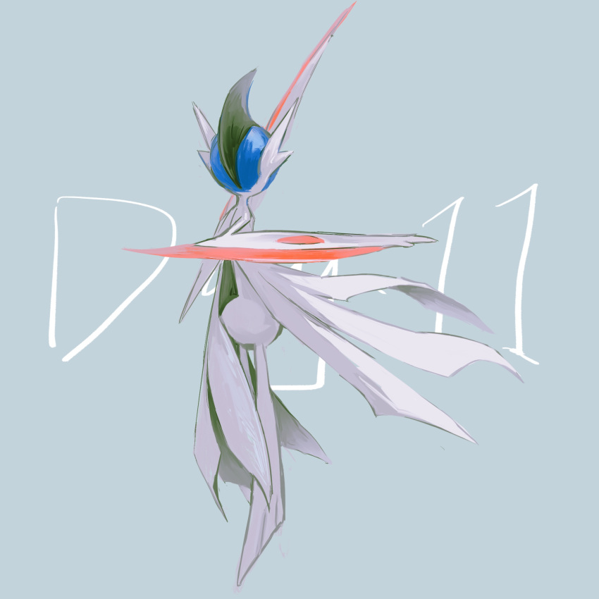 1boy alternate_color arm_blade arm_up blue_background blue_hair colored_skin commentary english_commentary english_text from_behind full_body gallade green_hair hand_up highres male_focus mega_gallade mega_pokemon mohawk multicolored_hair pokemon pokemon_(creature) shiny_pokemon short_hair simple_background solo standing two-tone_hair weapon white_skin yug_(pixiv_50208056)