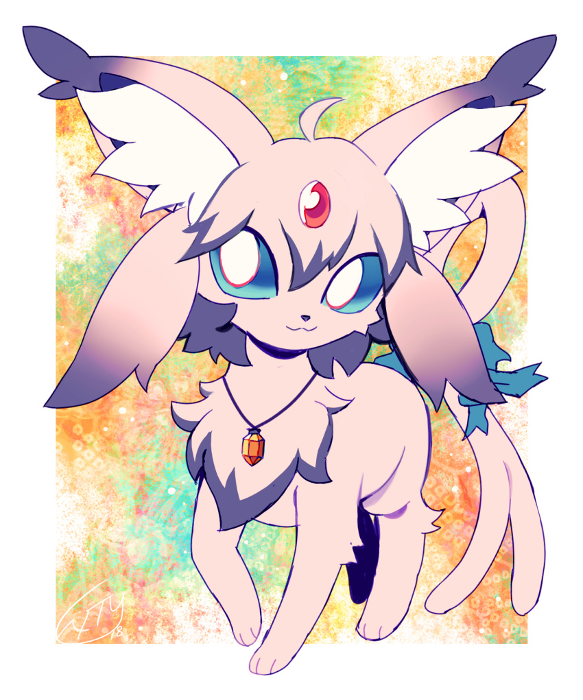 3_fingers 3_toes ambiguous_gender black_nose blue_eyes eeveelution espeon extyrannomon_(artist) feet feral fingers fluffy_cheeks fur gem hi_res inner_ear_fluff jewelry necklace nintendo pink_body pink_fur pok&eacute;mon pok&eacute;mon_(species) simple_background smile solo toes tuft video_games