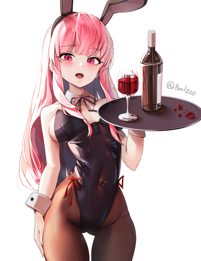 1girl alcohol animal_ears black_legwear black_leotard boolzoe bottle breasts cowboy_shot cup detached_collar drinking_glass highres large_breasts leotard looking_at_viewer neck_ribbon original pantyhose pink_hair playboy_bunny rabbit_ears rabbit_tail red_eyes ribbon simple_background solo strapless strapless_leotard tail tray twitter_username white_background wine wine_glass wrist_cuffs