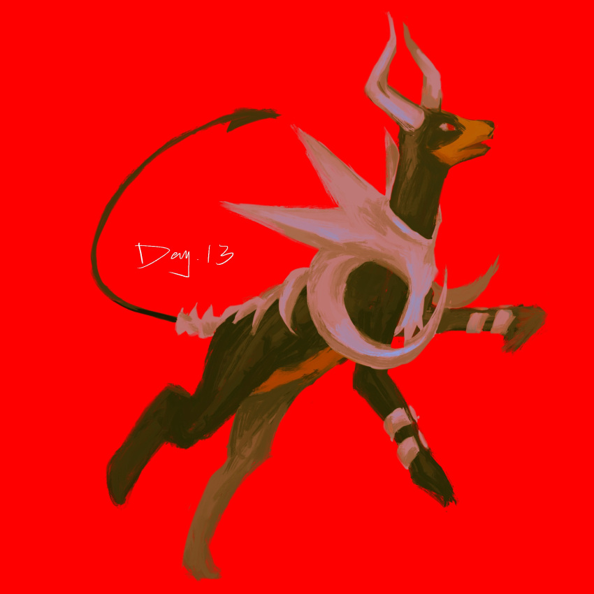 animal_focus bone commentary english_commentary english_text full_body highres houndoom mega_houndoom mega_pokemon no_humans open_mouth pokemon pokemon_(creature) red_background red_eyes simple_background solo yug_(pixiv_50208056)