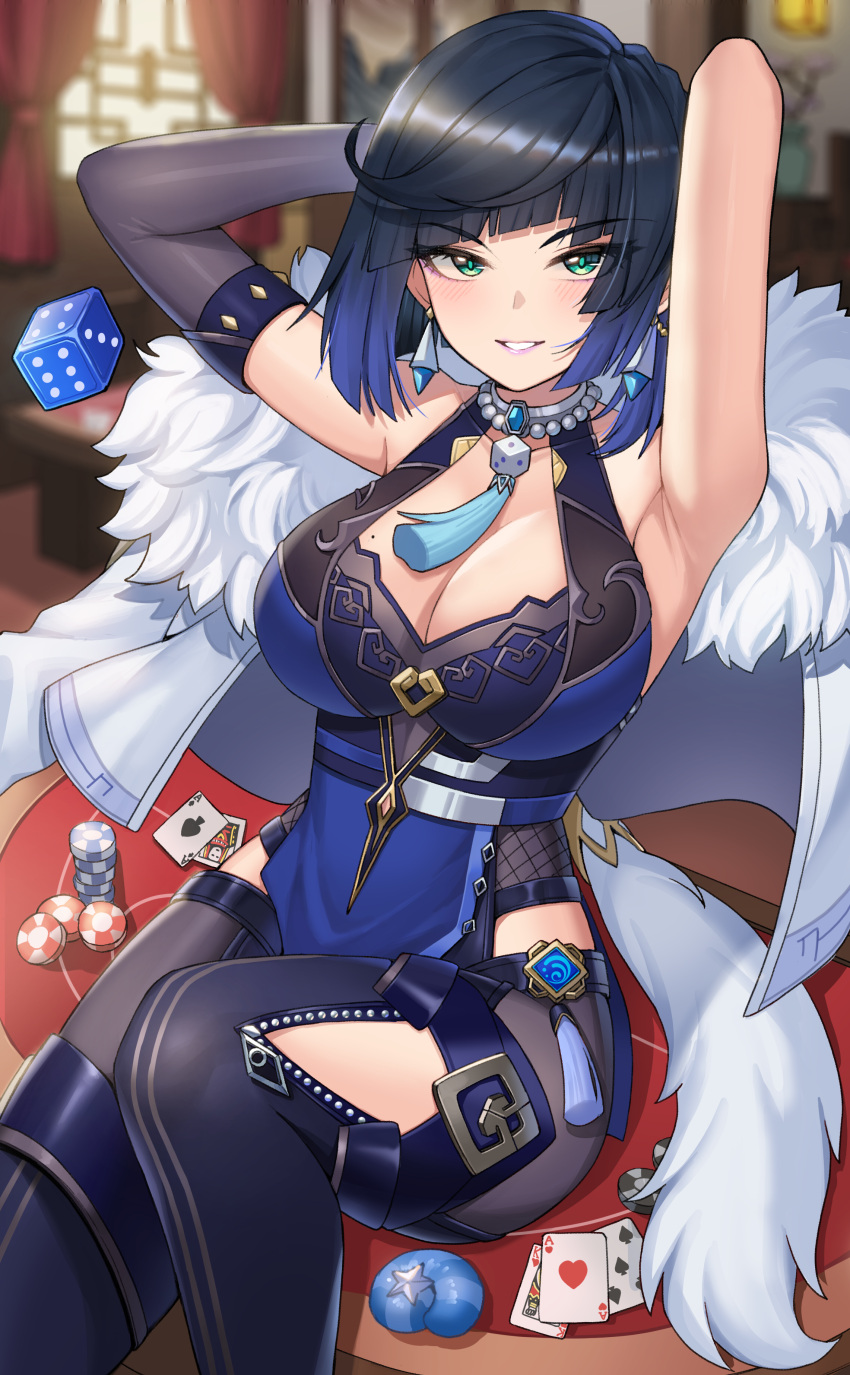 1girl absurdres ace_of_hearts ace_of_spades armpits arms_behind_head arms_up bangs black_hair blue_hair blunt_bangs blush bob_cut breasts card cleavage commentary dice earrings elbow_gloves genshin_impact gloves gradient_hair green_eyes grey_gloves grin heart highres indoors jewelry large_breasts looking_at_viewer mole mole_on_breast multicolored_hair nanni_jjang parted_lips poker_chip short_hair single_glove sitting sleeveless smile solo spade_(shape) thighs yelan_(genshin_impact)