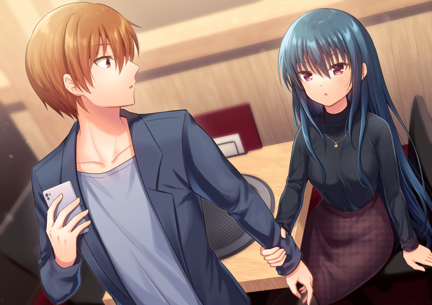1boy 1girl angel_beats! arm_grab bangs black_hair black_jacket black_shirt blush breasts brown_eyes brown_hair brown_skirt cellphone commentary_request commission couch eyebrows_visible_through_hair grey_shirt hair_between_eyes holding holding_phone houndstooth jacket long_hair medium_breasts nakamura_hinato on_couch open_clothes open_jacket otonashi_yuzuru parted_lips phone print_skirt red_eyes shiina_(angel_beats!) shirt sitting skeb_commission skirt table very_long_hair
