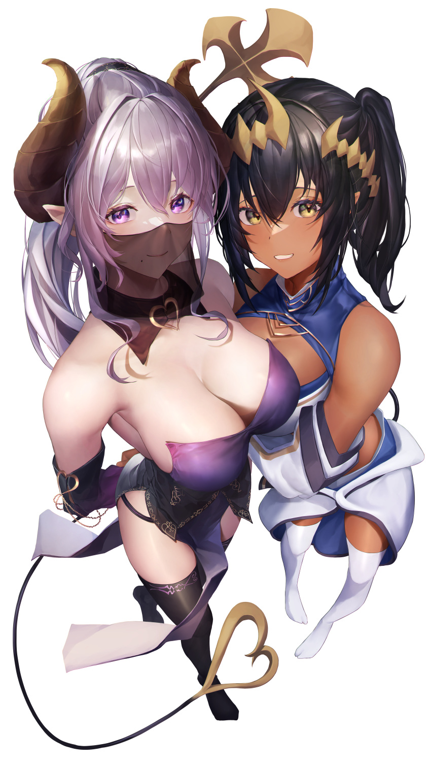 2girls absurdres arms_behind_back bangs bare_shoulders black_hair black_legwear blush breasts cleavage cleavage_cutout closed_mouth clothing_cutout dark-skinned_female dark_skin demon_girl detached_collar detached_sleeves dress eyebrows_behind_hair foreshortening from_above full_body hair_between_eyes heart_o-ring highres honey_strap horns large_breasts long_hair looking_at_viewer looking_up mole mole_under_mouth mouth_veil mugi_maccha multiple_girls pointy_ears ponytail purple_dress purple_eyes purple_hair saionji_mary see-through shimamura_charlotte smile strap_slip strapless strapless_dress thighhighs veil virtual_youtuber white_background white_legwear yellow_eyes