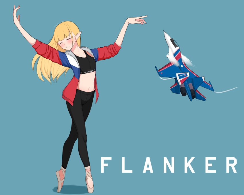 1girl aircraft atamonica ballerina blonde_hair closed_eyes commentary dancing english_commentary english_text full_body highres jacket long_hair military navel open_clothes original outstretched_arms pointy_ears russian_flag simple_background solo sports_bra stretch su-30
