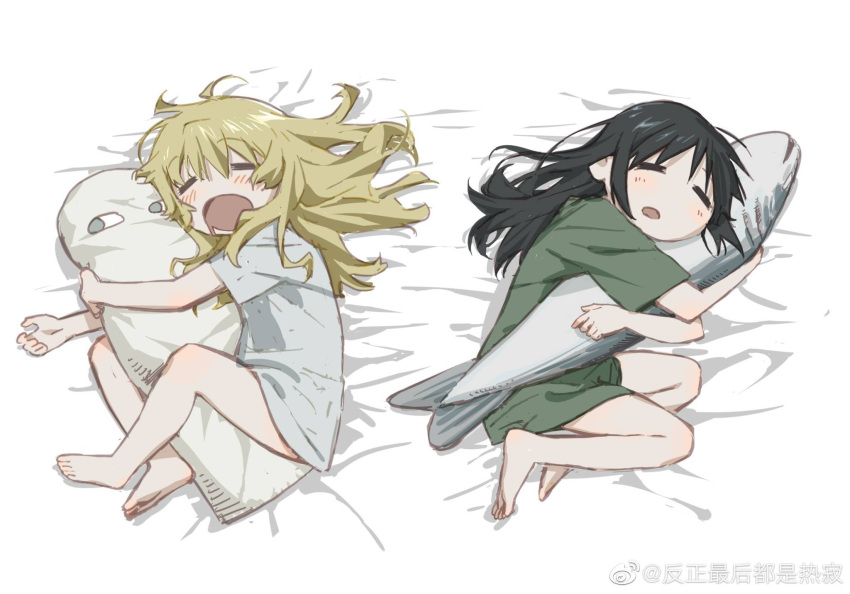 2girls barefoot bed black_hair blonde_hair blush chito_(shoujo_shuumatsu_ryokou) closed_eyes eyebrows_visible_through_hair fish green_shirt grey_shirt highres long_hair looking_away loose_clothes loose_shirt multiple_girls nuko_(shoujo_shuumatsu_ryokou) object_hug open_mouth shirt shoujo_shuumatsu_ryokou sleeping tkwkai yuuri_(shoujo_shuumatsu_ryokou)