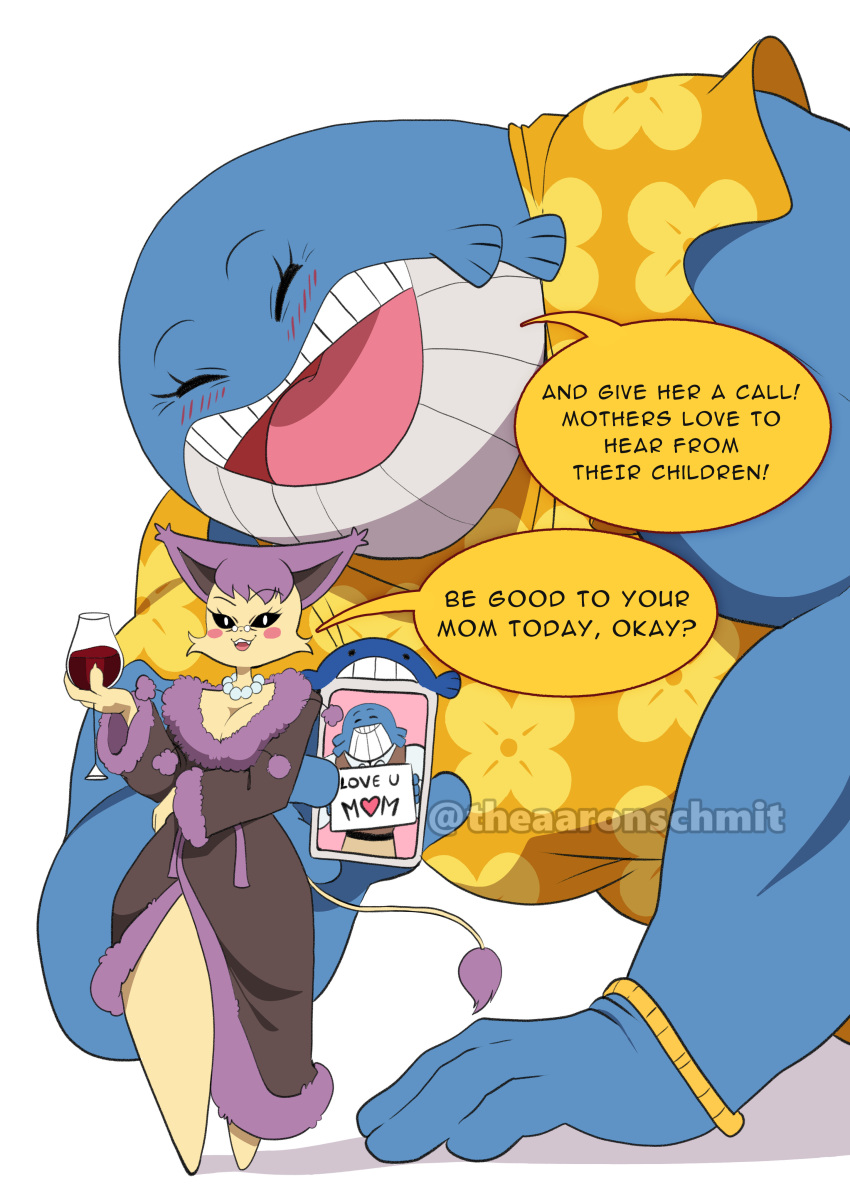 aaron_schmit absurd_res alcohol anthro beverage breasts cleavage clothed clothing delcatty english_text female hi_res holding_beverage holding_object larger_female mature_female nintendo pok&eacute;mon pok&eacute;mon_(species) size_difference smaller_female text video_games wailord wine