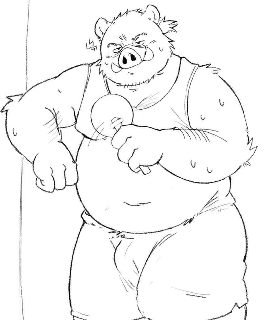 2022 anthro belly big_belly bodily_fluids bottomwear clothing hi_res humanoid_hands kemono male mammal overweight overweight_male shirt shorts sketch solo suid suina sus_(pig) sweat topwear whitebeast20 wild_boar