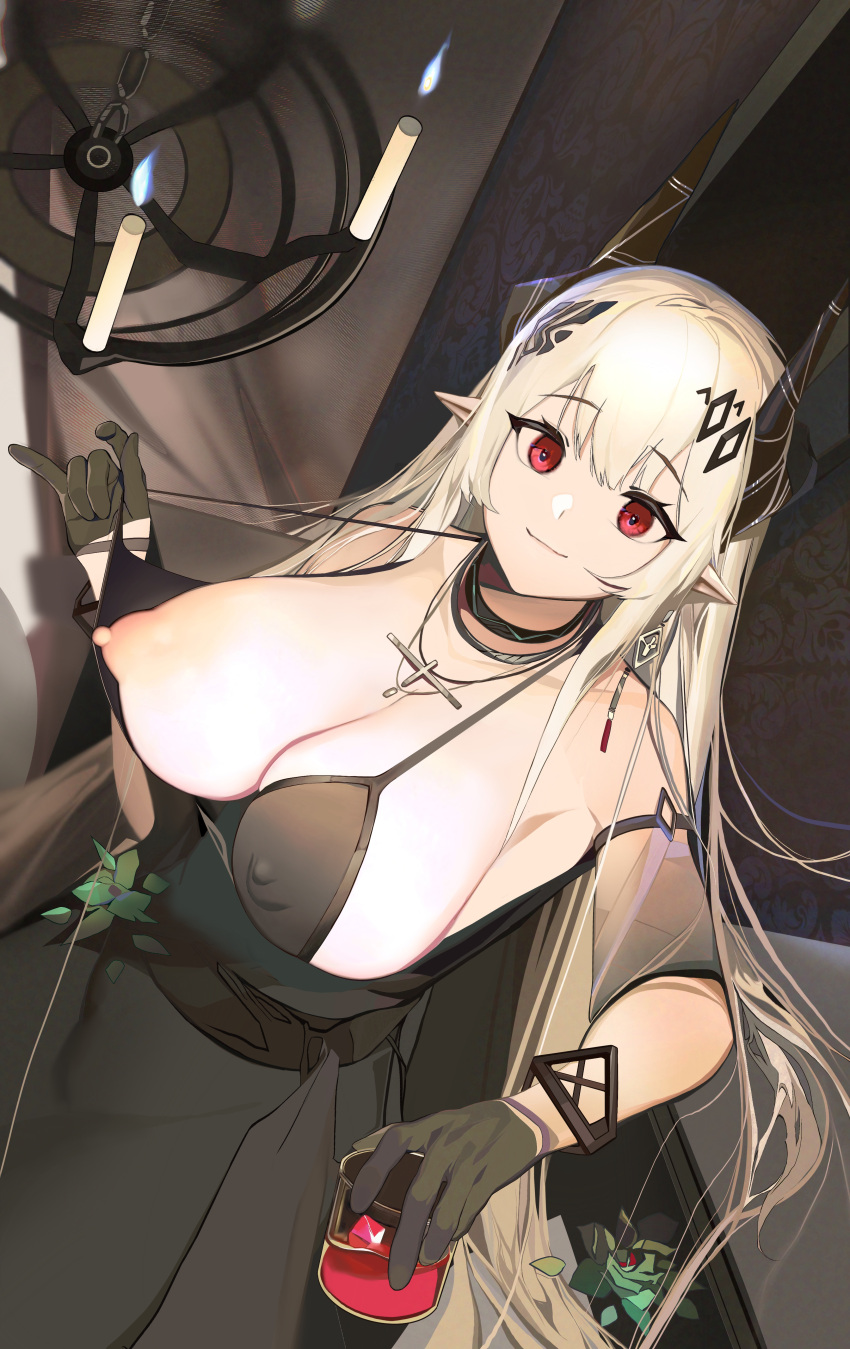 1girl absurdres alcohol arknights bare_shoulders bikini bikini_pull bikini_top_only black_bikini black_dress breasts cleavage clothes_pull commentary_request covered_nipples cup dress drinking_glass highres holding holding_cup horns indoors jewelry ken_(1057168252) large_breasts long_hair mudrock_(arknights) mudrock_(obsidian)_(arknights) necklace nipples official_alternate_costume one_breast_out pointy_ears pulled_by_self red_eyes solo swimsuit upper_body white_hair wine wine_glass