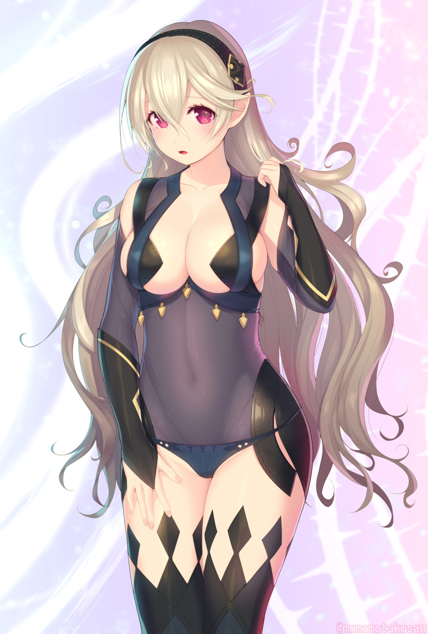 1girl absurdres black_legwear breasts bridal_gauntlets cleavage collarbone corrin_(fire_emblem) corrin_(fire_emblem)_(female) covered_navel cowboy_shot dark_mage_(fire_emblem_fates) fire_emblem fire_emblem_fates grey_hair groin hairband highres kashiwamochi_yomogi large_breasts long_hair open_mouth pointy_ears red_eyes revealing_clothes skin_tight solo sweat thighhighs very_long_hair