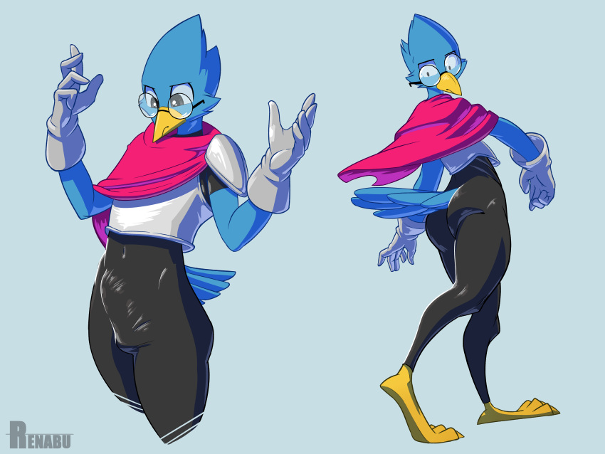 3_toes 4:3 5_fingers absurd_res alternate_costume anthro armor avian balls_outline beak berdly bird bird_feet blue_background blue_body blue_feathers bodysuit bulge butt cloak clothed clothing clothing_swap deltarune dot_eyes eyebrows eyewear feathers feet fingers front_view fully_clothed genital_outline glasses gloves handwear hi_res kris_(deltarune) latex looking_back looking_down multiple_poses navel penis_outline pose renabu side_view simple_background skinsuit slim solo standing tail_feathers talons tight_clothing toes unamused undertale_(series) video_games yellow_beak