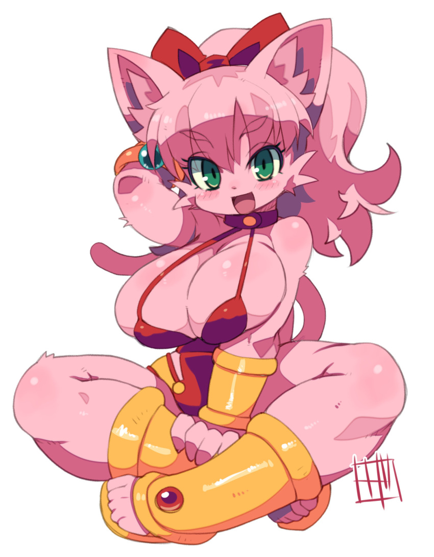 1girl :d blush bow colored_skin copyright_request full_body furry furry_female green_eyes hair_bow hand_up highres indian_style leotard looking_at_viewer pink_hair pink_skin ponytail red_bow red_leotard sandals signature simple_background sitting smile solo white_background zankuro
