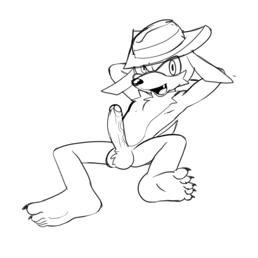 anthro balls claws clothing cowboy_hat fang_the_sniper feet fours_(artist) genitals hands_behind_head hat headgear headwear hi_res looking_at_viewer male penis sega sketch snaggle_tooth solo sonic_the_fighters sonic_the_hedgehog_(series)