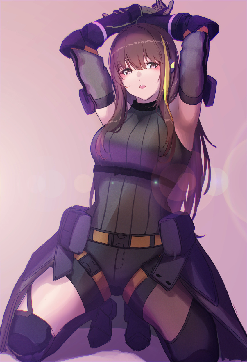 1girl 3_small_spiders absurdres armpits arms_up black_hair black_legwear blonde_hair breasts clothes_around_waist girls'_frontline hair_between_eyes highres jacket jacket_around_waist leotard_sweater long_hair looking_at_viewer m4a1_(girls'_frontline) medium_breasts multicolored_hair open_mouth simple_background solo streaked_hair yellow_eyes