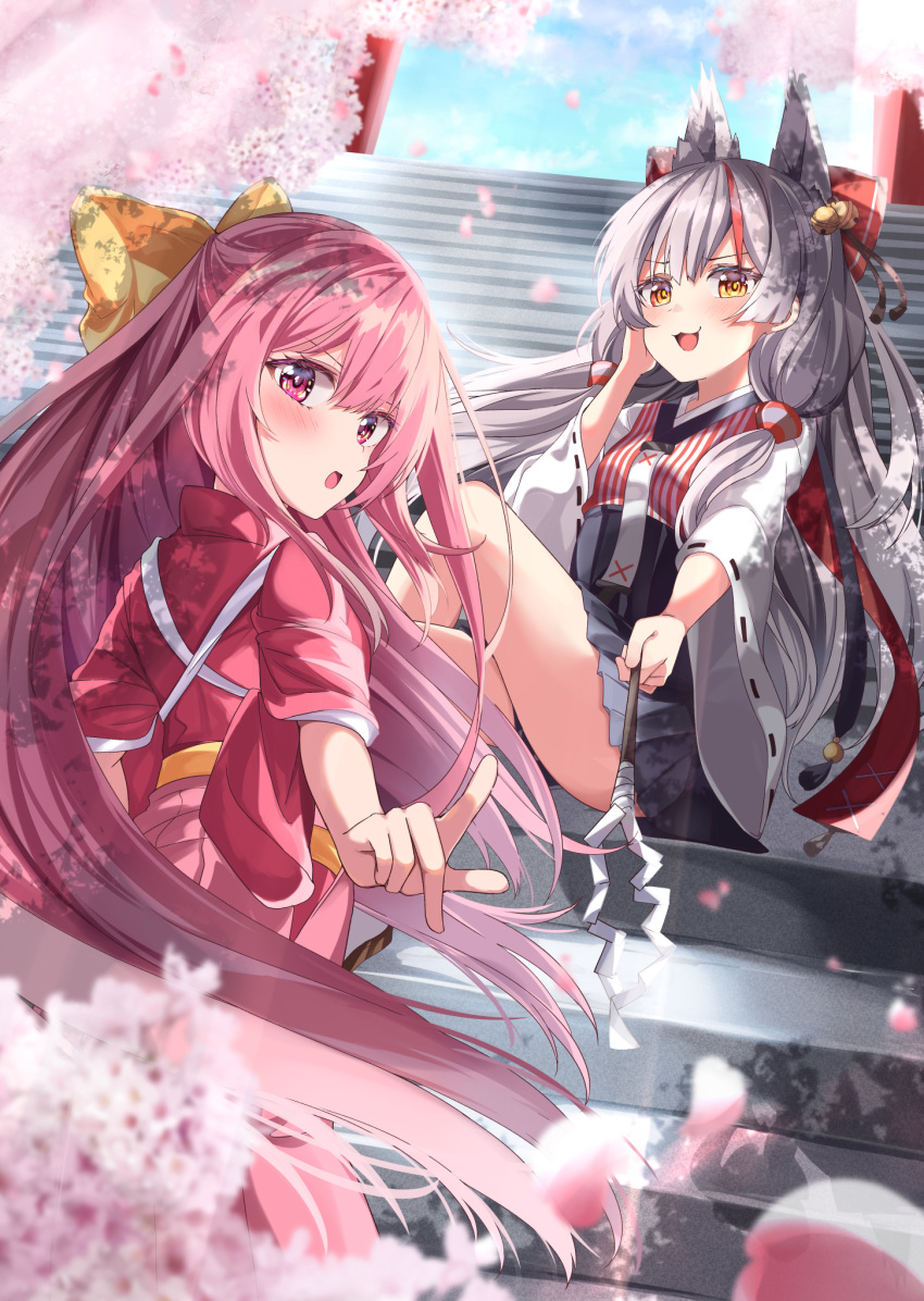 2girls acchii_(akina) animal_ears azur_lane black_hakama blue_sky bow cherry_blossoms cloud commission cowboy_shot fox_ears from_above grey_hair hair_bow hakama hakama_short_skirt hakama_skirt highres index_finger_raised japanese_clothes kamikaze_(azur_lane) kamikaze_(kancolle) kantai_collection kimono long_hair long_sleeves looking_at_viewer looking_back meiji_schoolgirl_uniform multicolored_hair multiple_girls namesake pink_hair pink_hakama red_kimono ribbon-trimmed_sleeves ribbon_trim skeb_commission skirt sky stairs streaked_hair yellow_bow yellow_eyes