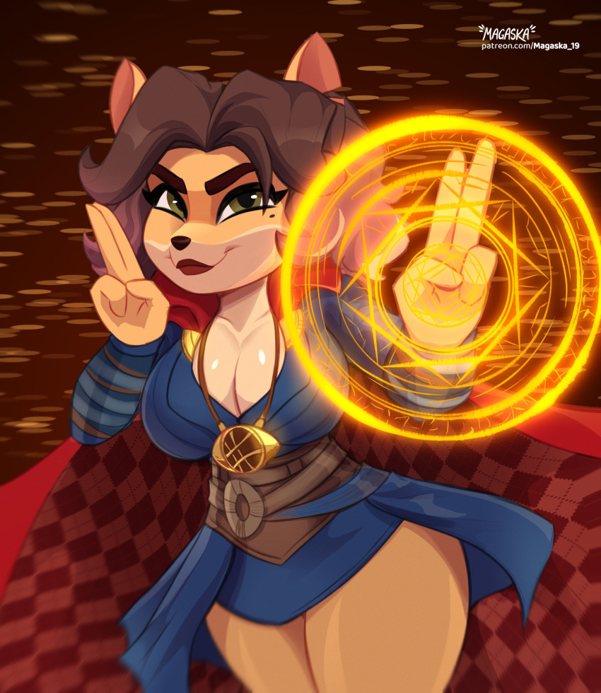 2022 4_fingers abstract_background activision alyssa_bandicoot_(oc) amulet anthro artist_name bandicoot beauty_mark big_breasts black_nose breasts brown_hair cape cleavage clothed clothing crash_bandicoot_(series) doctor_strange dress fan_character female fingers green_eyes hair hi_res legs_together lipstick looking_at_viewer magaska19 magic magic_user makeup mammal marsupial marvel short_hair smile solo standing text url video_games wraps