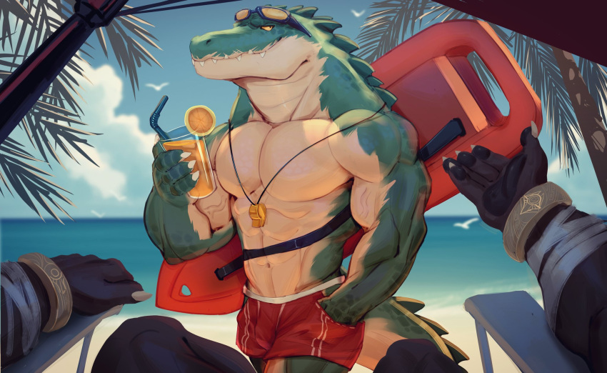 abs anthro anubian_jackal beach beach_chair bicep_curl biceps big_muscles black_body canid canine canis claws clothed clothing container crocodile crocodilian crocodylid cup detailed_background duo front_view green_body green_scales hi_res humanoid jackal league_of_legends looking_at_another looking_back male mammal multicolored_body muscular muscular_male nails nasus_(lol) partially_clothed pecs renekton reptile riot_games ruinfish scales scalie seaside serratus sitting swimming_trunks swimwear teeth triceps two_tone_body vein veiny_muscles video_games yellow_eyes