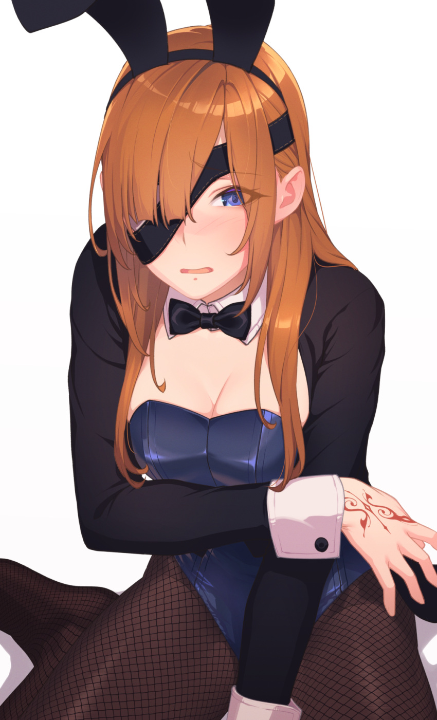 1girl animal_ears bangs black_jacket blue_eyes blue_leotard blush breasts brown_hair detached_collar eyepatch fake_animal_ears fate/grand_order fate_(series) fishnet_legwear fishnets highleg highleg_leotard highres hikichi_sakuya jacket leotard long_hair long_sleeves looking_at_viewer medium_breasts open_clothes open_jacket ophelia_phamrsolone pantyhose playboy_bunny rabbit_ears sidelocks sitting solo wariza