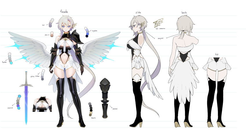 1girl absurdres angel_wings armor ass_visible_through_thighs back backless_outfit bare_shoulders blue_eyes boots breasts character_sheet clothing_cutout color_guide commentary elbow_gloves english_commentary full_body gloves grey_hair hair_between_eyes high_heel_boots high_heels highres liora_walkyria long_hair looking_at_viewer multiple_views navel official_art ohisashiburi shoulder_armor simple_background smile standing stomach_cutout sword thigh_boots thighhighs v&amp;u_entertainment very_long_hair virtual_youtuber weapon white_background wings