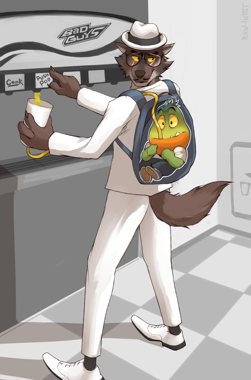 2022 absurd_res anthro backpack bottomwear brown_body canid canid_kaiba canine canis clothing detailed_background dreamworks duo eyewear fish glasses green_body hat headgear headwear hi_res humanoid_hands humor male mammal marine meme mr._piranha_(the_bad_guys) mr._wolf_(the_bad_guys) pants piranha_(fish) serrasalmid shirt size_difference the_bad_guys topwear wolf