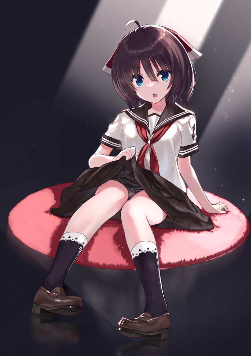 1girl absurdres ahoge amatsutsumi black_panties blouse blue_eyes breasts brown_footwear brown_hair brown_sailor_collar brown_skirt clothes_lift commission hair_between_eyes highres knees_together_feet_apart lifted_by_self light_particles loafers looking_at_viewer minazuki_hotaru_(amatsutsumi) neckerchief open_mouth panties pantyshot pleated_skirt purple_legwear red_neckerchief sailor_collar school_uniform serafuku shirt shoes short_sleeves sitting skirt skirt_lift small_breasts socks solo underwear white_shirt zero_(miraichizu)