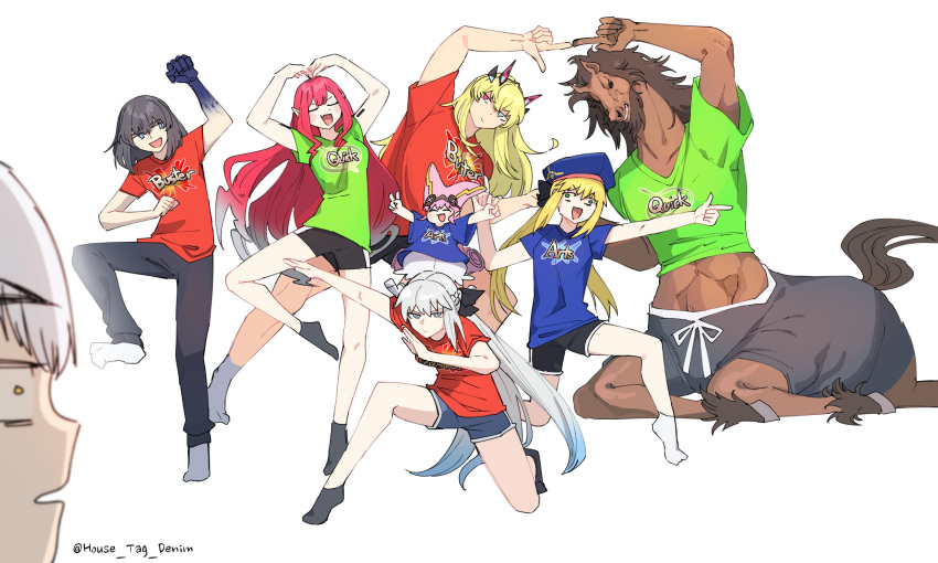 artoria_caster_(second_ascension)_(fate) arts_shirt beret blonde_hair buster_shirt centauroid double_v fairy_knight_gawain_(fate) fairy_knight_lancelot_(fate) fairy_knight_tristan_(fate) fate/grand_order fate_(series) fusion_dance grey_hair habetrot_(fate) hat heterochromia highres house_tag_denim long_hair morgan_le_fay_(fate) oberon_(third_ascension)_(fate) one_knee pants pink_hair pointing pointy_ears ponytail pose quick_shirt red_hare_(fate) shorts taur twintails twitter_username v white_background white_hair