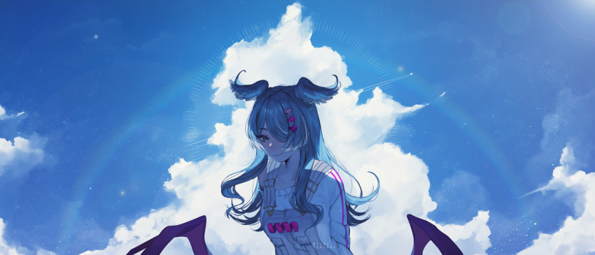 1girl blue_eyes blue_hair blue_sky closed_mouth cumulonimbus_cloud elira_pendora grey_overalls hair_ornament hairclip head_wings highres looking_at_viewer low_wings mole_on_shoulder nijisanji nijisanji_en off_shoulder overalls sky smile solo sweater terupancake white_sweater wings