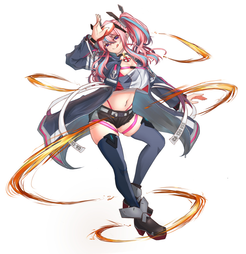 1girl :q absurdres arm_up azur_lane bangs belt bikini bikini_under_clothes black_choker black_footwear black_shorts blue_jacket blue_legwear boots breasts bremerton_(azur_lane) choker cleavage closed_mouth collarbone commentary crop_top crop_top_overhang crossed_bangs cutoffs ego_(uhum3578) eyebrows_visible_through_hair eyewear_on_head full_body glint grey_belt grey_hair grey_legwear grey_shirt hair_between_eyes hair_intakes hair_ornament high_heel_boots high_heels highleg highleg_bikini highres jacket large_breasts lifebuoy_ornament long_hair long_sleeves looking_at_viewer midriff multicolored_hair navel navel_piercing no_mole open_clothes open_jacket piercing pink_bikini pink_eyes pink_hair shirt short_shorts shorts sidelocks simple_background skindentation smile snap-fit_buckle solo standing streaked_hair sunglasses swimsuit thigh_strap thighhighs tongue tongue_out twintails two-tone_hair two-tone_legwear two-tone_shirt white_background white_shirt