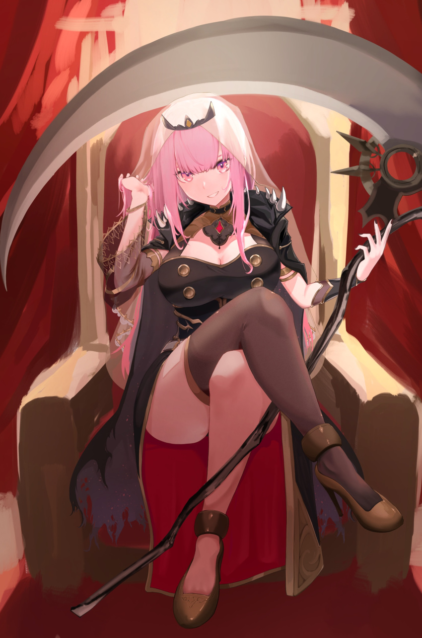 1girl absurdres black_dress breasts cape crossed_legs dress grin hand_in_own_hair high_heels highres hololive hololive_english knbd large_breasts mori_calliope pink_eyes pink_hair scythe single_thighhigh sitting smile thighhighs throne tiara veil virtual_youtuber