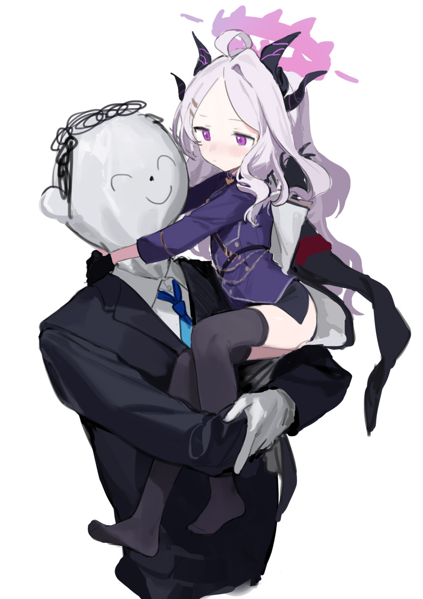 1boy 1girl absurdres ahoge armband ass black_gloves black_legwear black_skirt blue_archive buttons carrying carrying_person coat demon_horns double-breasted formal gloves hair_ornament hairclip halo height_difference highres hina_(blue_archive) horns long_coat long_hair military military_uniform miniskirt multiple_horns necktie purple_coat purple_hair sensei_(blue_archive) sh_(562835932) side_slit skirt suit thighhighs uniform white_background white_hair