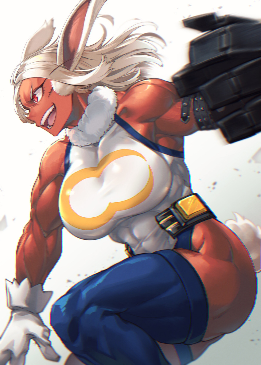 1girl abs amputee animal_ears arm_strap arm_up bangs bare_shoulders biceps blue_legwear boku_no_hero_academia breasts covered_abs crescent_print dark-skinned_female dark_skin fur_collar gloves highres large_breasts leotard long_eyelashes looking_away mechanical_arms mikel_(4hands) mirko muscular muscular_female open_mouth parted_bangs rabbit_ears rabbit_girl rabbit_tail red_eyes scar scar_on_face short_hair single_mechanical_arm solo stitches superhero tail tail_through_clothes taut_leotard teeth thick_thighs thighhighs thighs toned veins veiny_arms white_gloves white_hair white_leotard