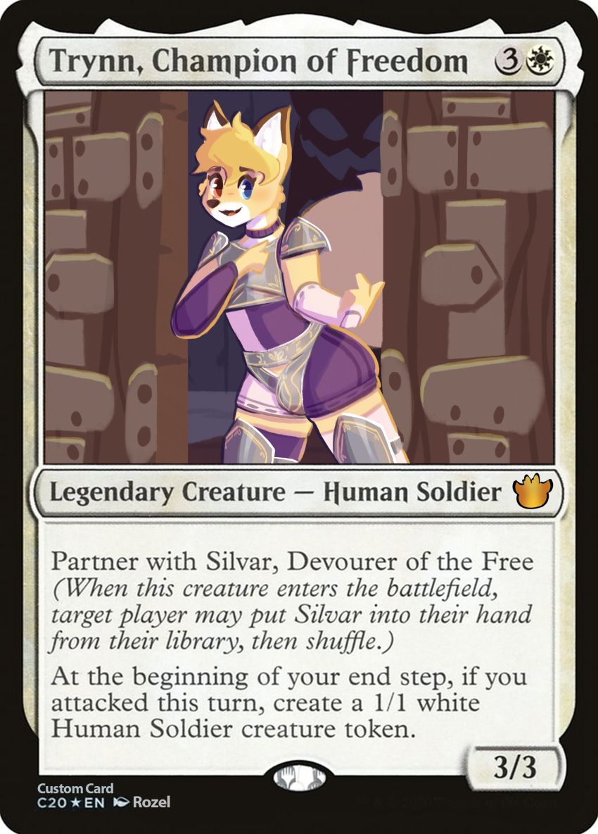 absurd_res armor artwithrozel blonde_hair bulge canid canine canis clothing domestic_dog girly golden hair hasbro heterochromia hi_res legwear looking_at_viewer magic:_the_gathering male mammal solo thigh_highs trading_card trynn wizards_of_the_coast yellow