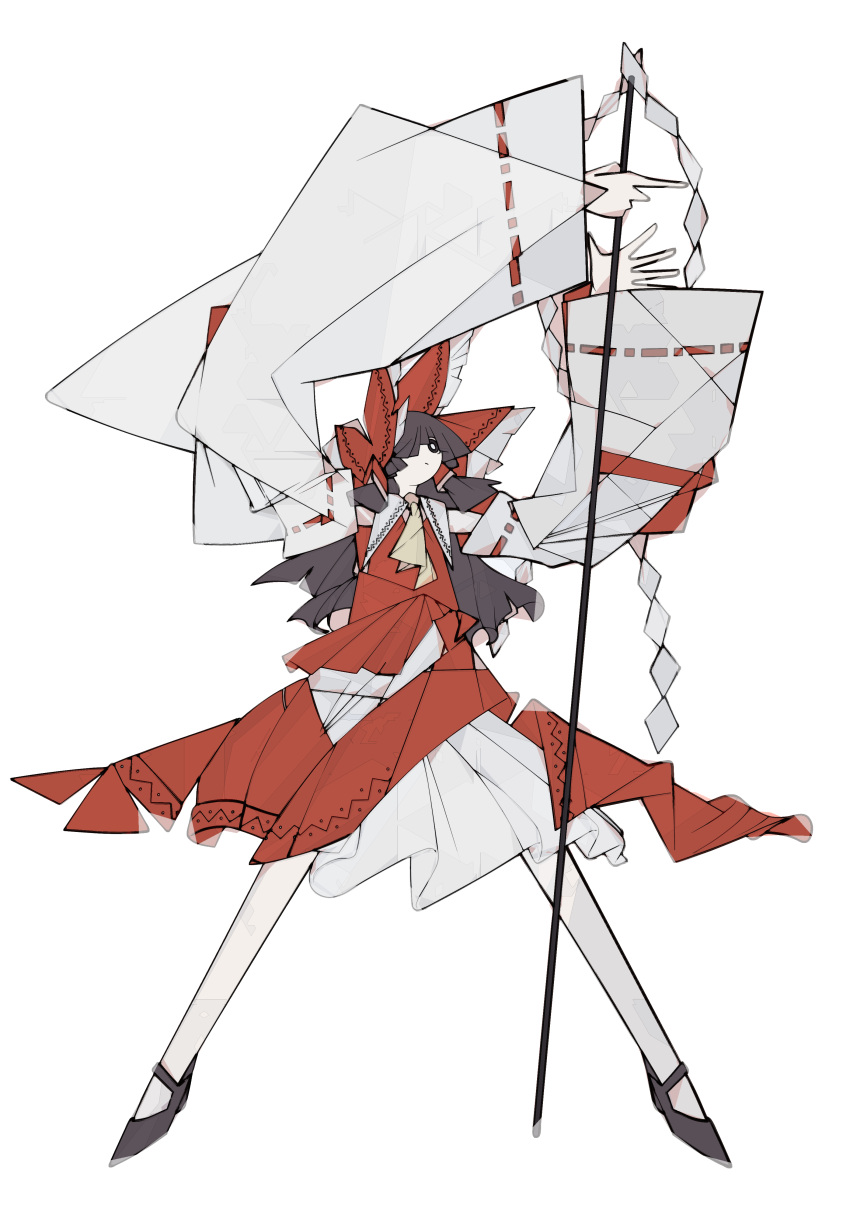 1girl absurdres adapted_costume arms_up ascot bow bright_pupils brown_hair closed_mouth collared_vest cubism detached_sleeves full_body geometric_pattern geometry gohei hair_bow hair_over_one_eye hair_tubes hakurei_reimu harano_kaguyama highres holding long_hair looking_up nontraditional_miko red_bow red_skirt red_vest ribbon-trimmed_sleeves ribbon_trim sidelocks skirt skirt_set solo spread_legs standing touhou underskirt vest white_background white_pupils wide_sleeves yellow_ascot